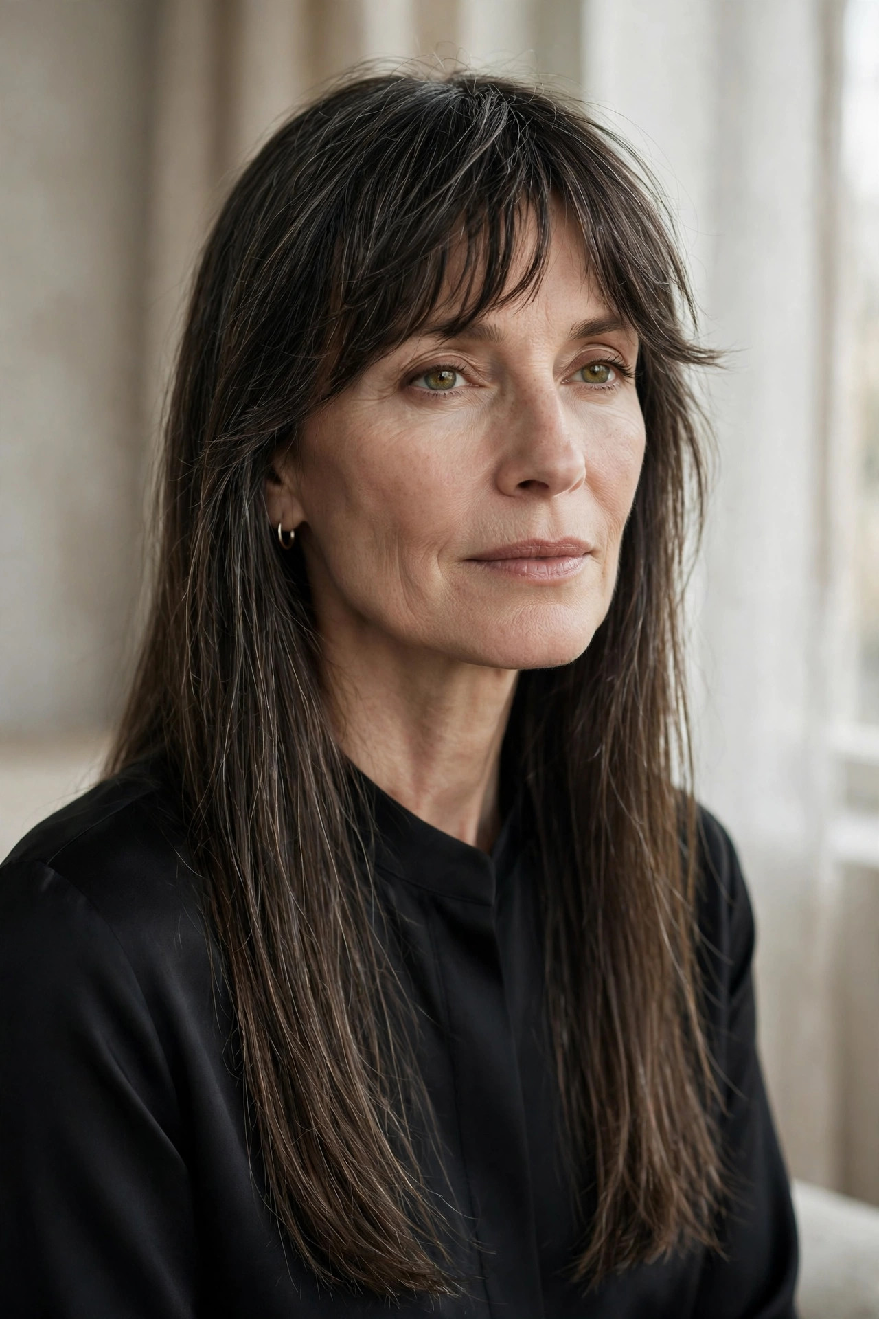 Woman in her 50s with a long Straight Hair with Piecey Fringe