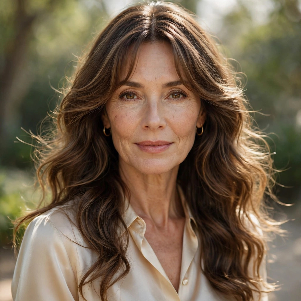 Woman in her 50s with a long Wavy Hair with Curtain Bangs