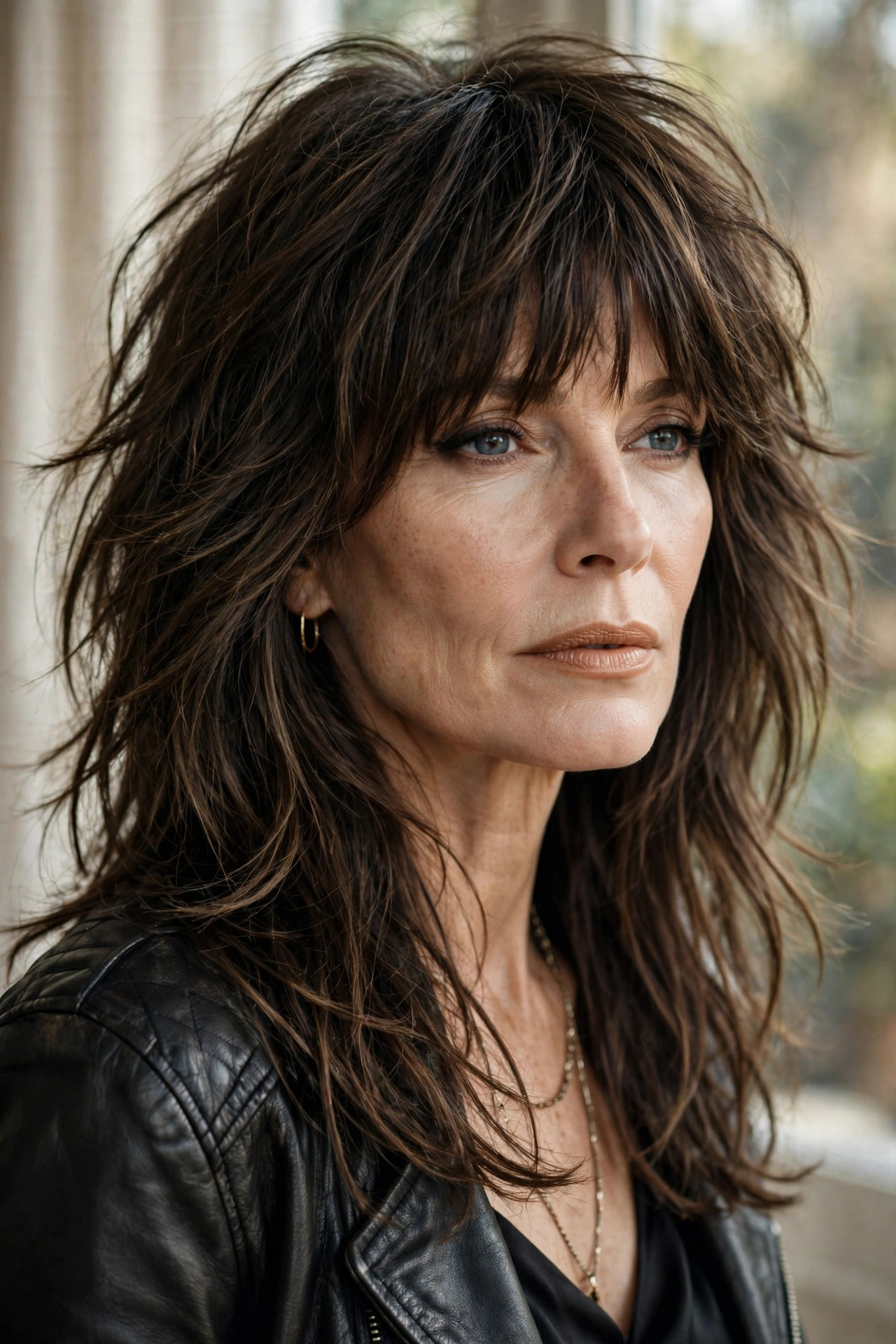 Woman in her 50s with a long Shag with Heavy Choppy Bangs