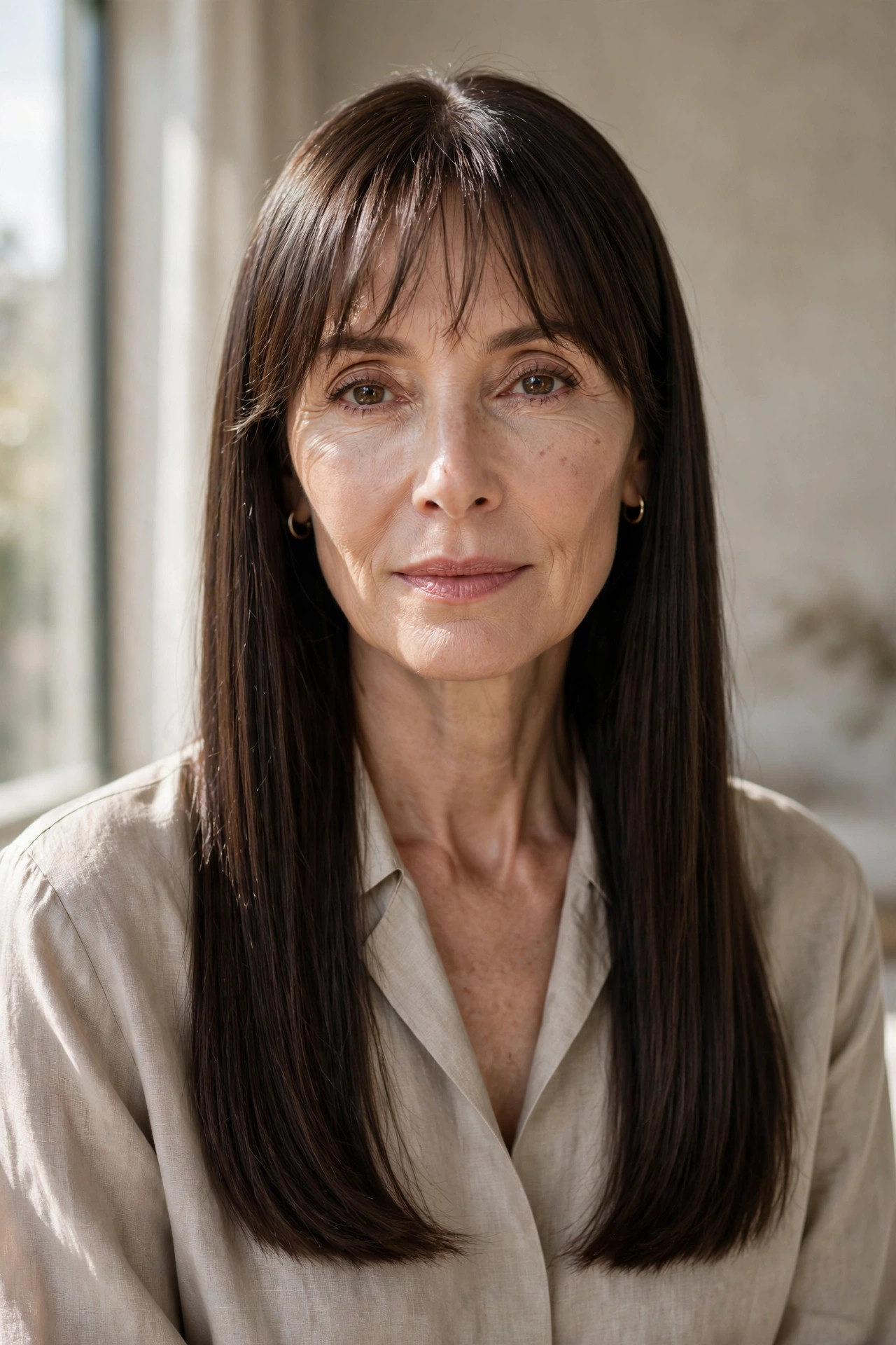 Woman in her 50s with a long Blunt Cut with Wispy Bangs