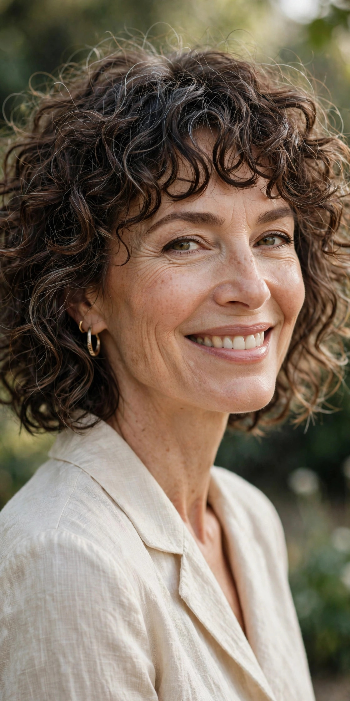 Woman in her 50s with a curly Bob with Curly Choppy Bangs