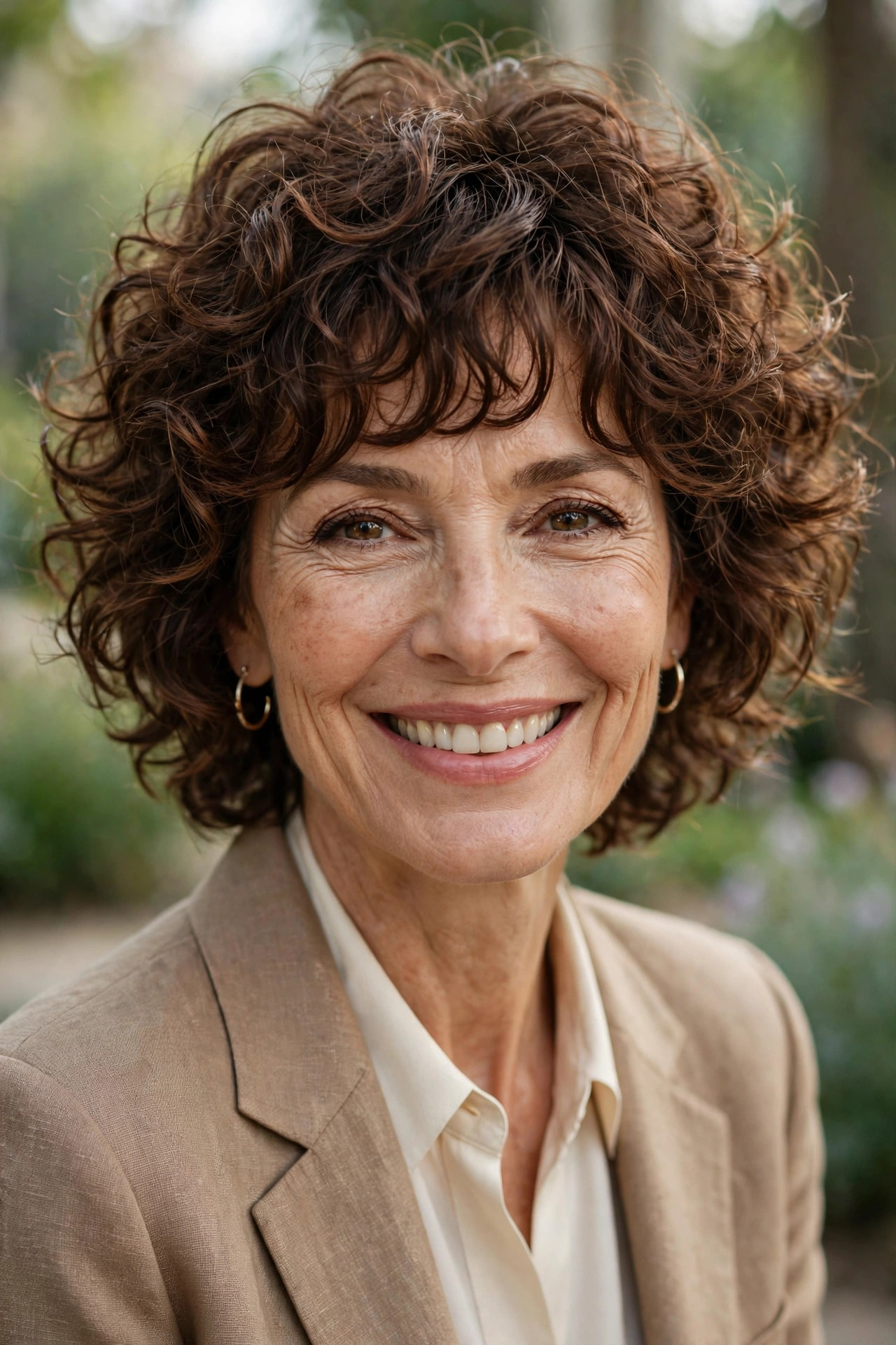 Woman in her 50s with a curly Shag with Bouncy Bangs