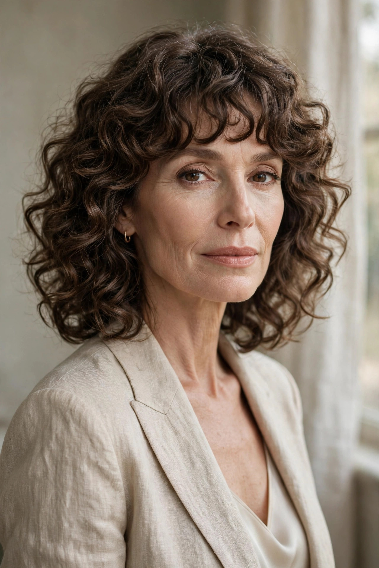 Woman in her 50s with a curly Lob with Defined Bangs