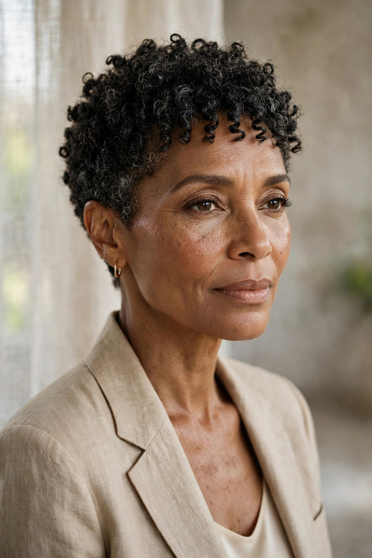 Woman in her 50s with a coily Crop with Textured Bangs