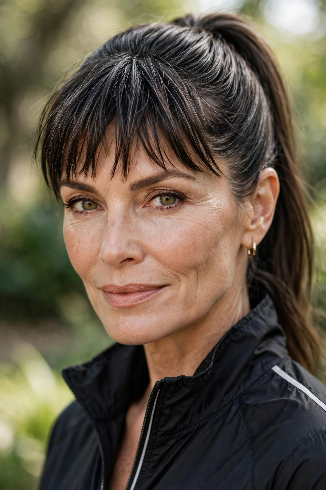 Woman in her 50s with a high Ponytail with Choppy Bangs