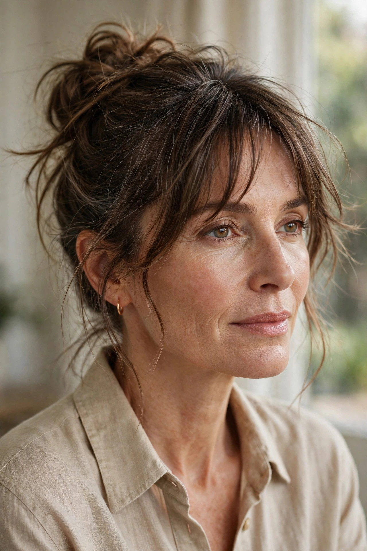 Woman in her 50s with a messy Bun with Piecey Bangs