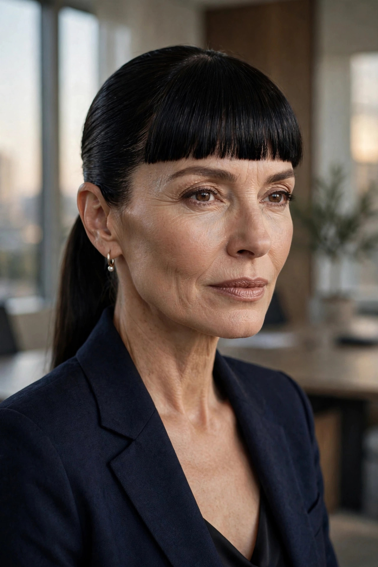 Woman in her 50s with a sleek Ponytail with Blunt Bangs