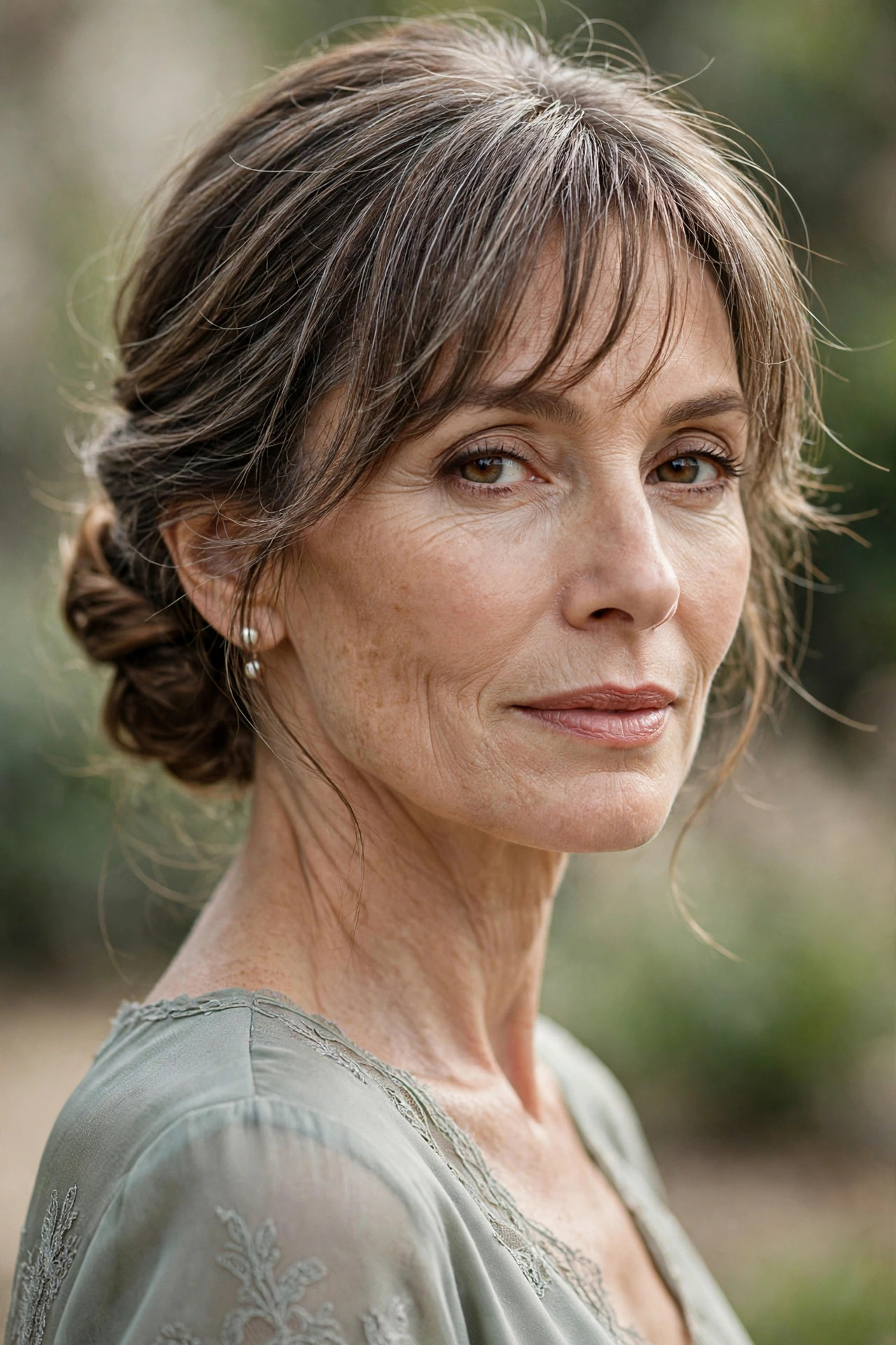 Woman in her 50s with a low Chignon with Wispy Bangs