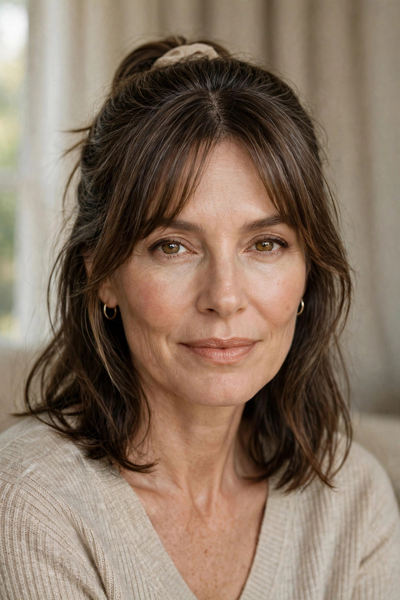 Woman in her 50s with a half-Up Style with Curtain Bangs