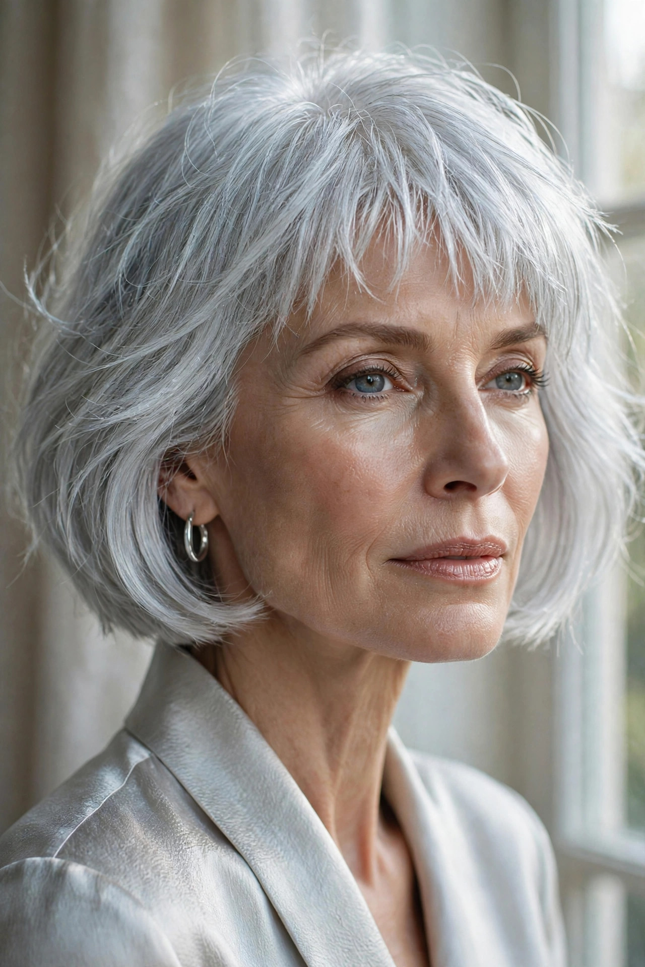 Woman in her 50s with a silver Bob with Icy Choppy Bangs