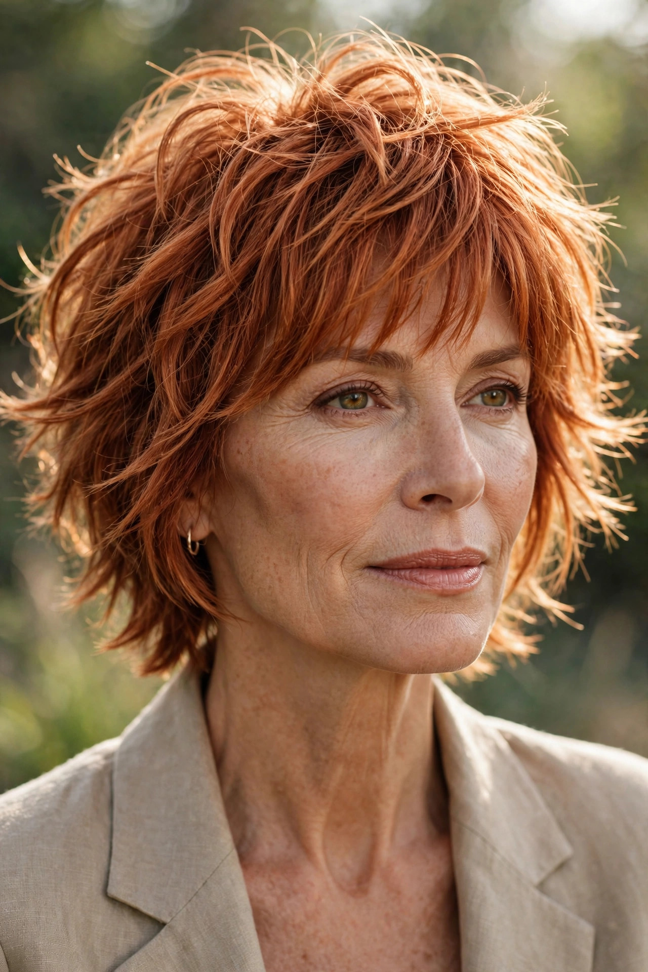 Woman in her 50s with a copper Shag with Warm Bangs