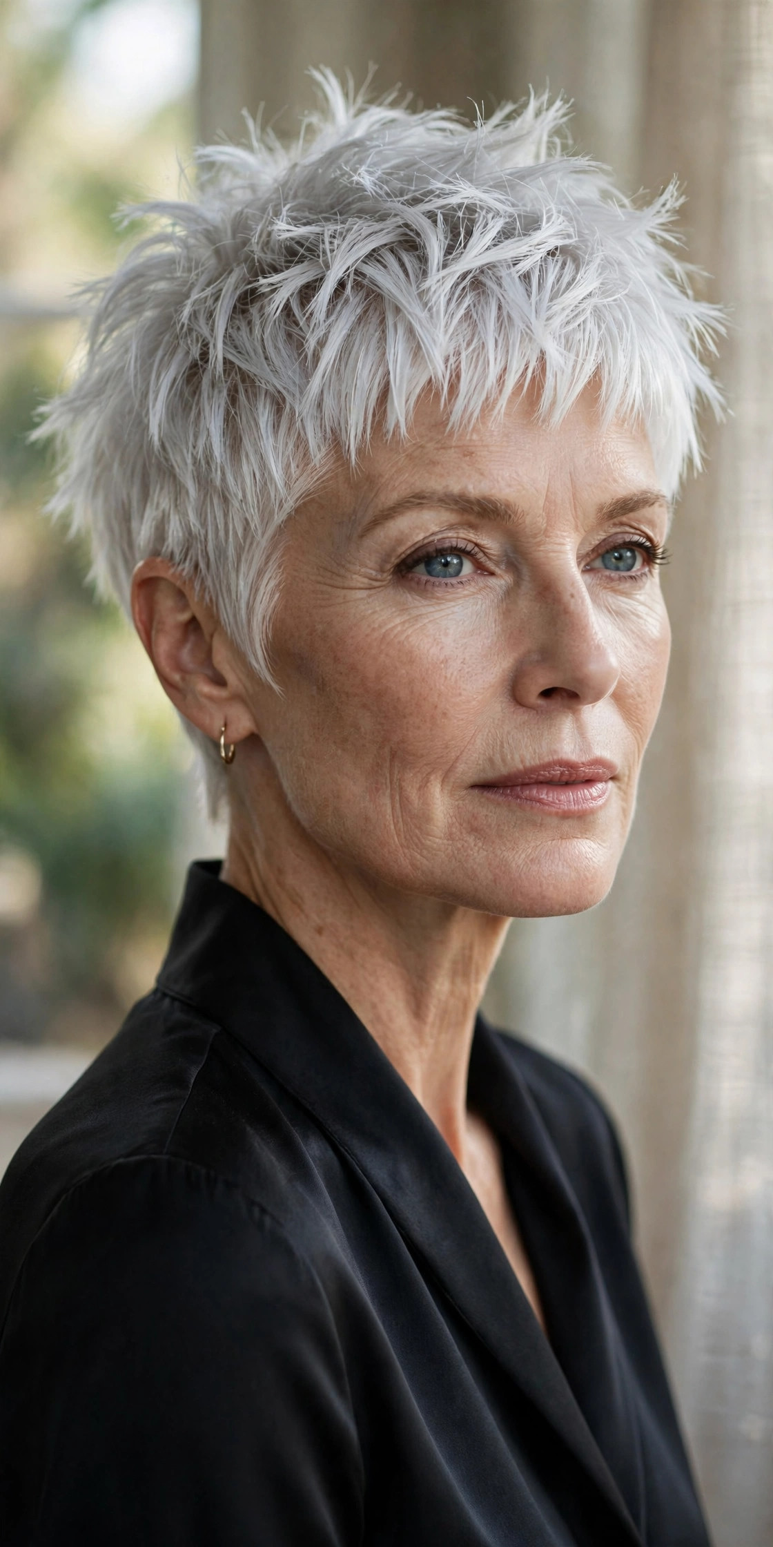 Woman in her 50s with a platinum Pixie with Frosted Bangs