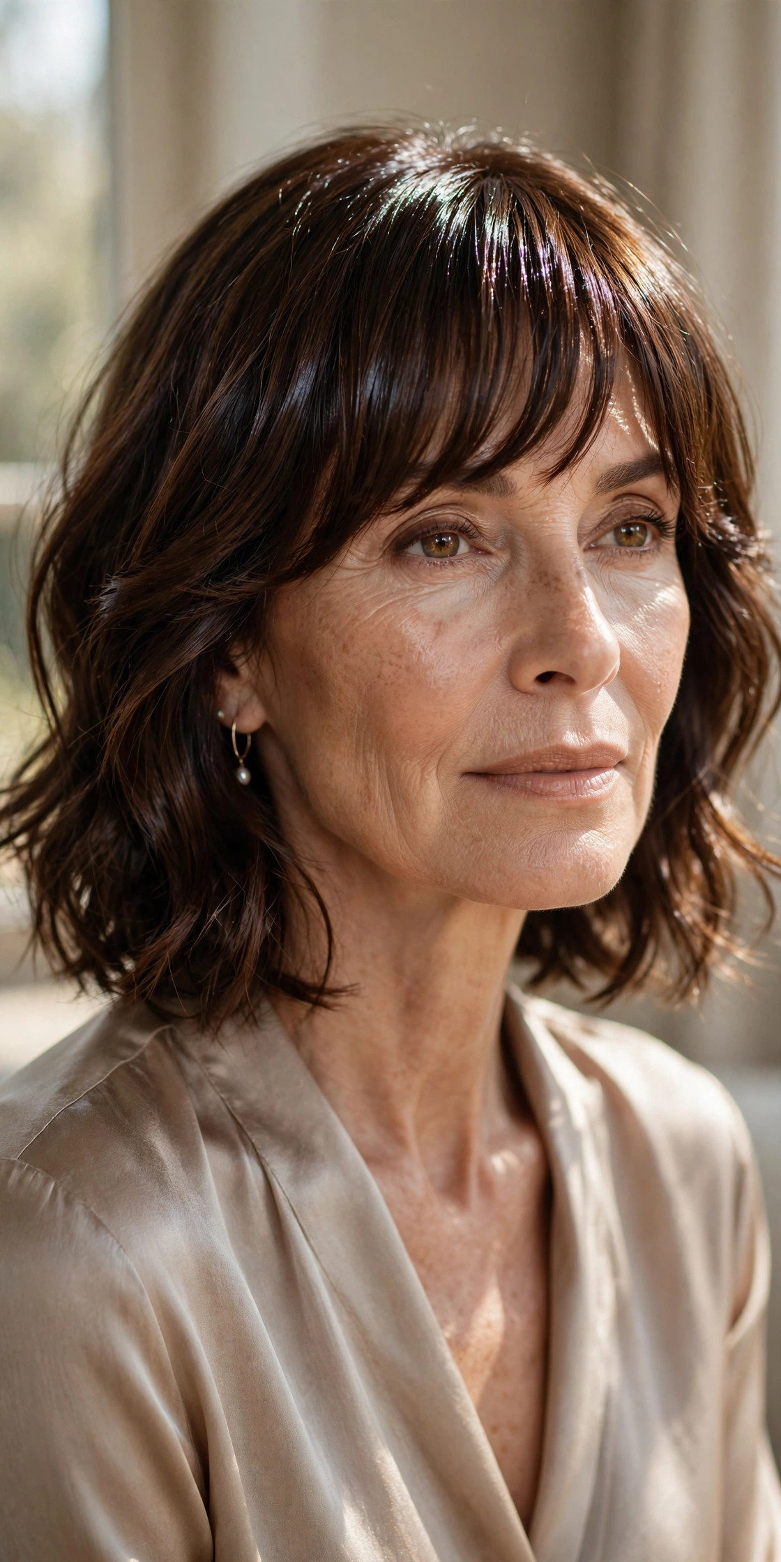 Woman in her 50s with a brunette Lob with Glossy Bangs