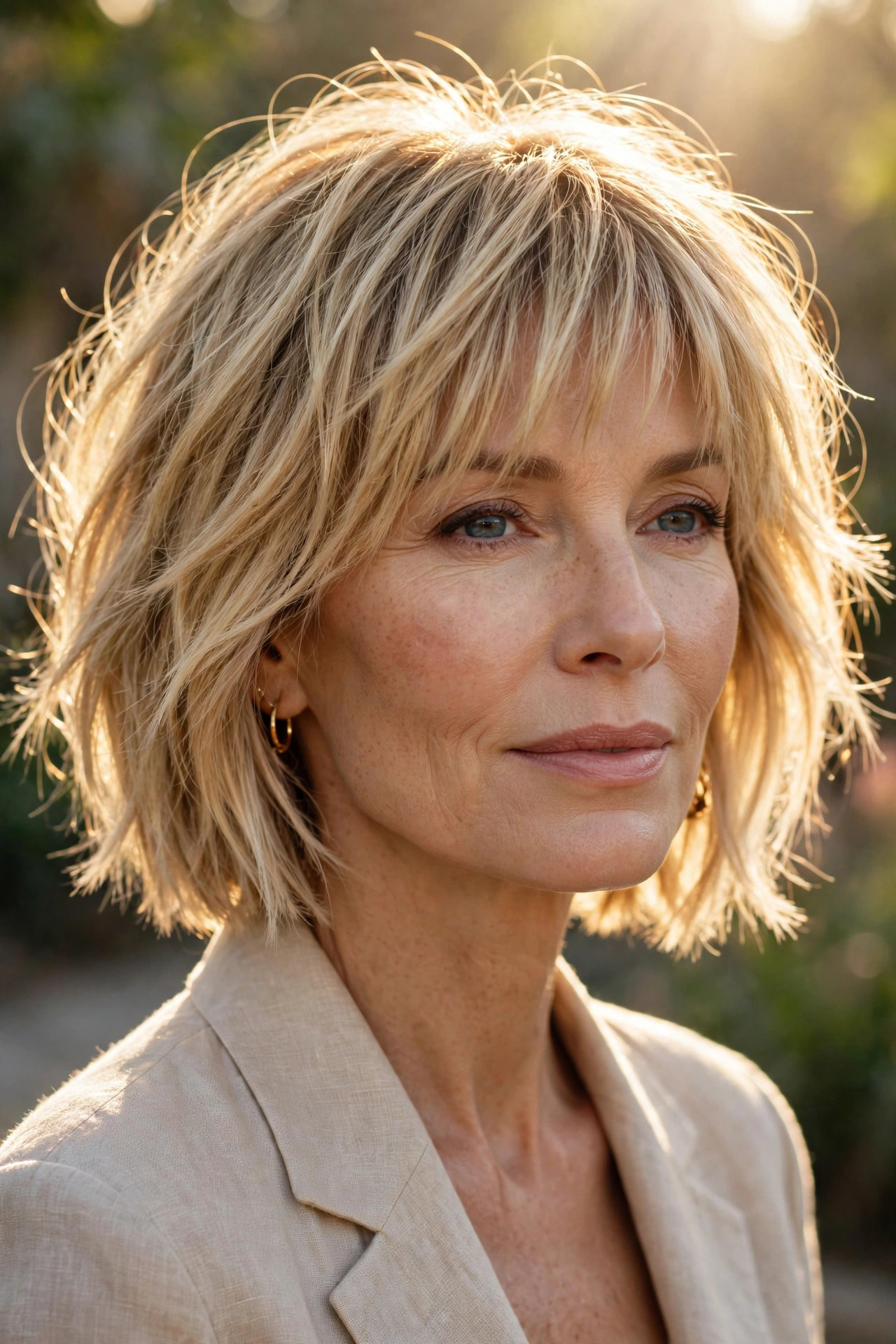 Woman in her 50s with a blonde Balayage Bob with Sunlit Bangs