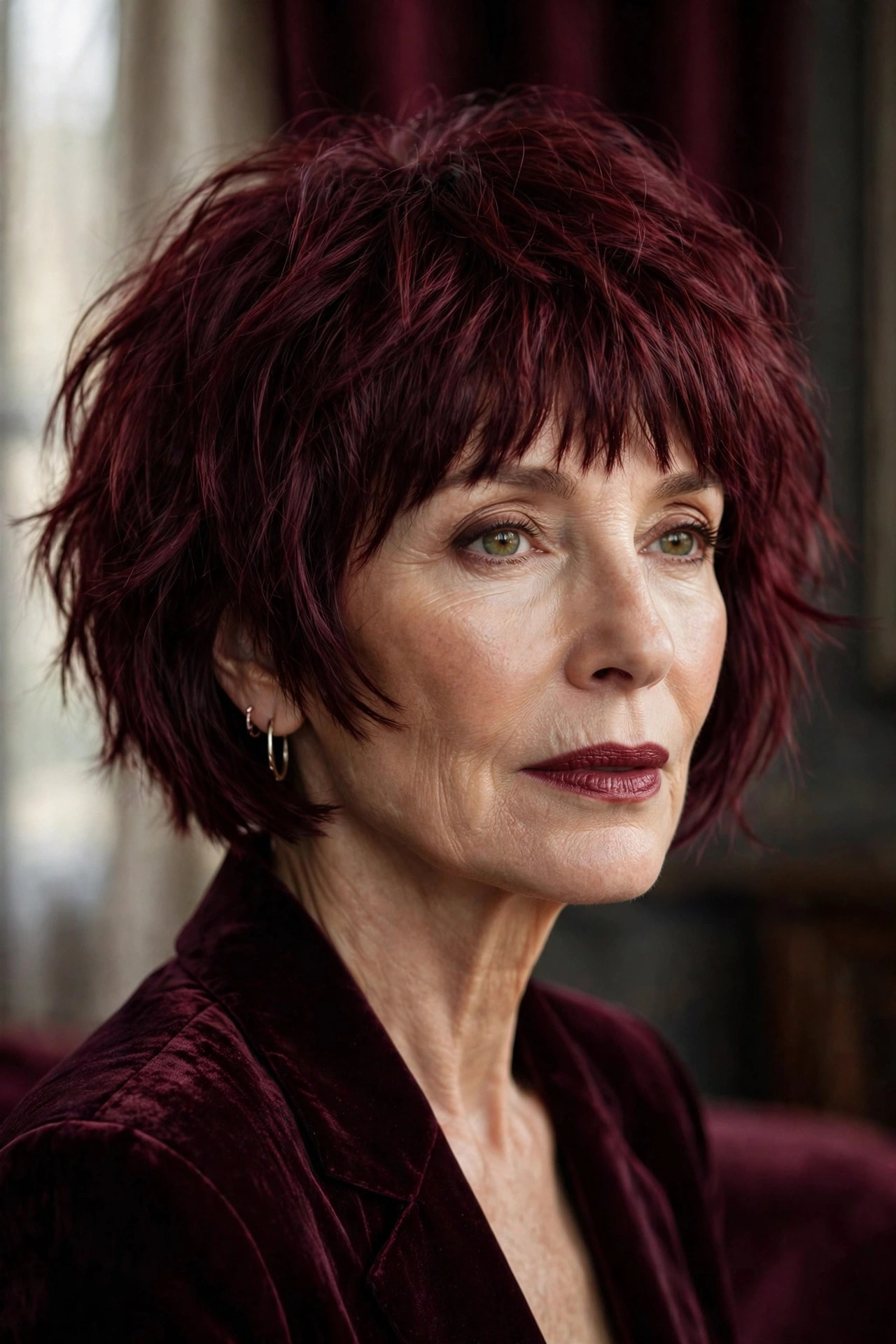 Woman in her 50s with a burgundy Bob with Rich Bangs