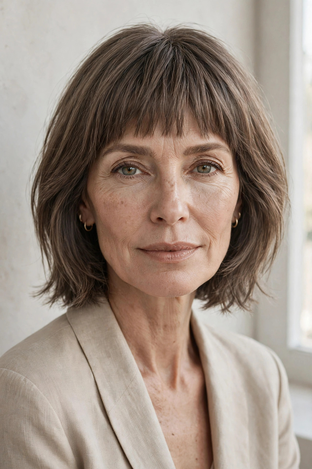 Woman in her 50s with a ash Brown Lob with Cool Bangs