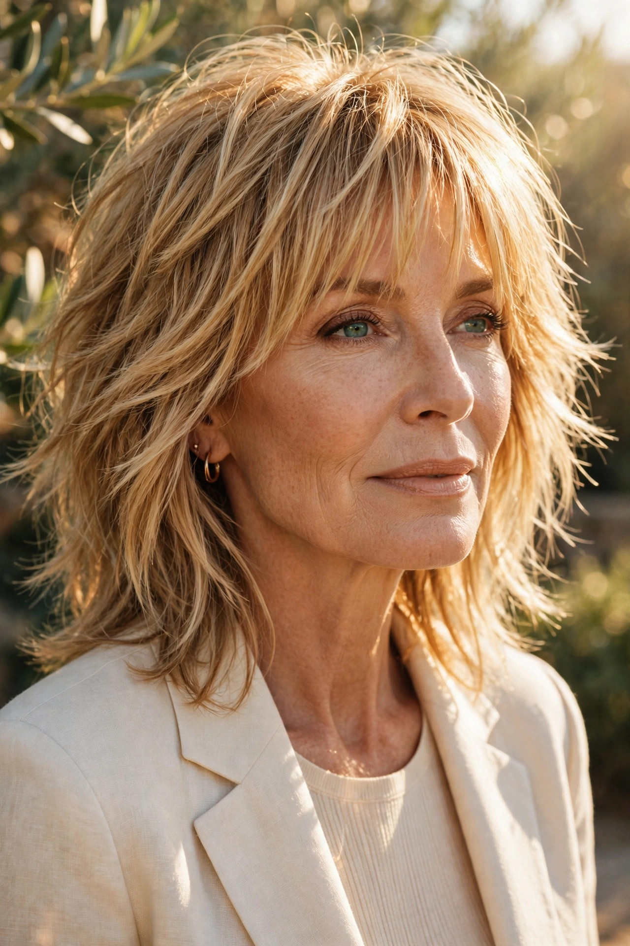 Woman in her 50s with a honey Blonde Shag with Golden Bangs