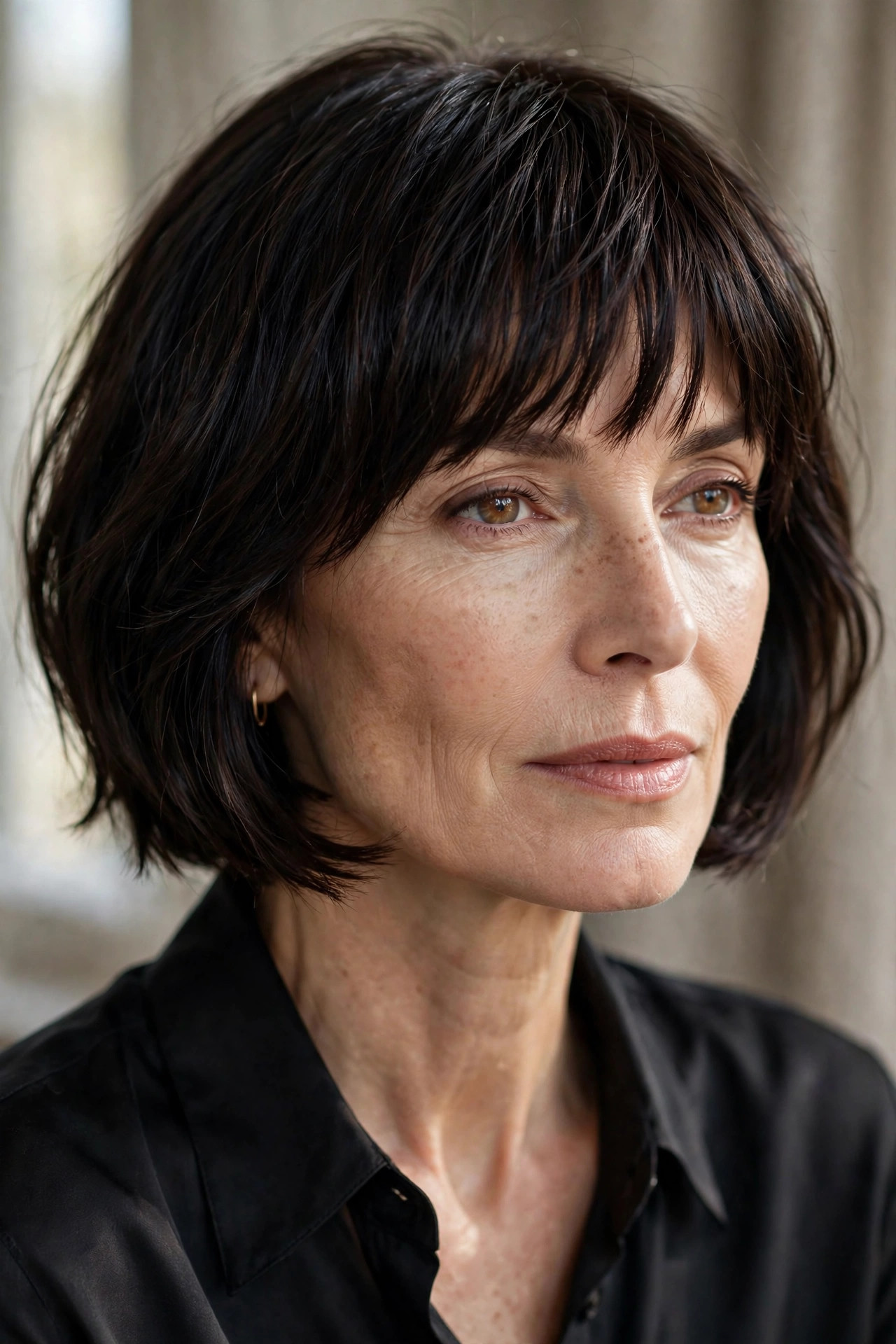 Woman in her 50s with a espresso Bob with Sleek Bangs