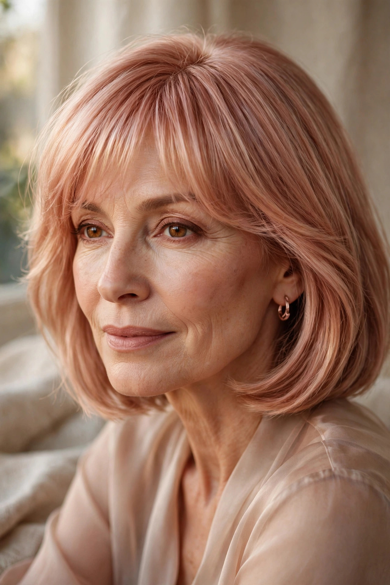 Woman in her 50s with a rose Gold Lob with Blush Bangs