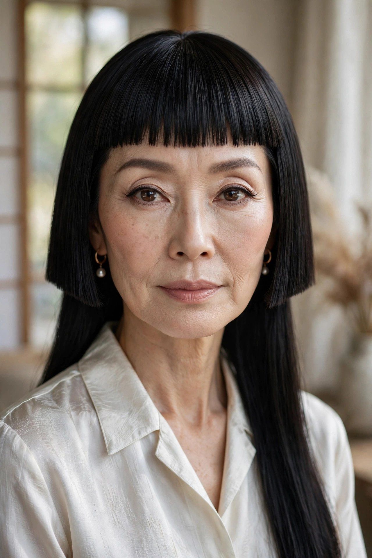 Woman in her 50s with a hime Cut with Choppy Bangs