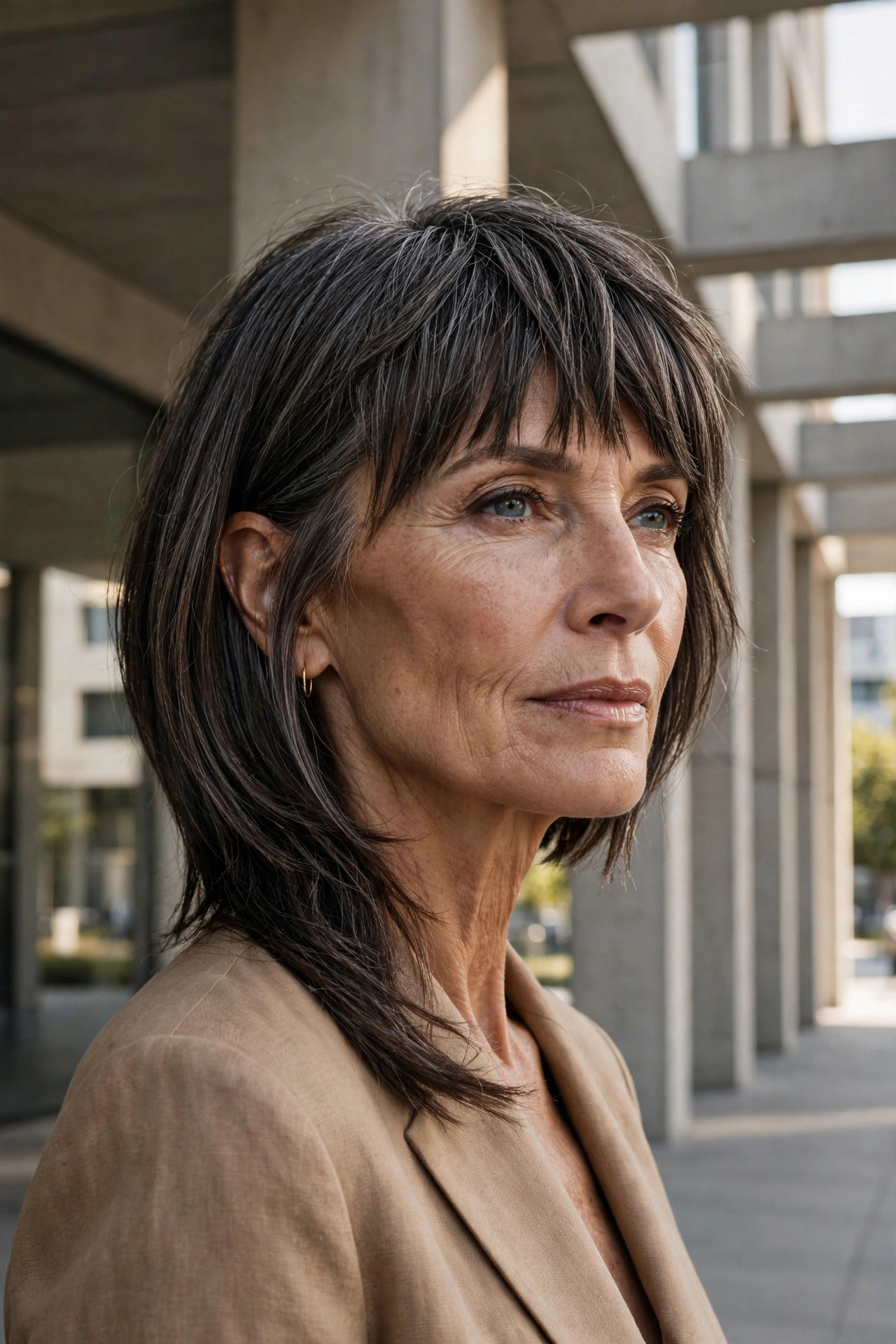 Woman in her 50s with a asymmetrical Bob with Bold Bangs
