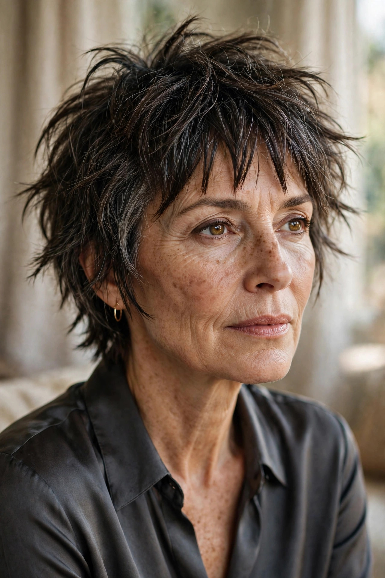 Woman in her 50s with a bixie Shag with Jagged Bangs