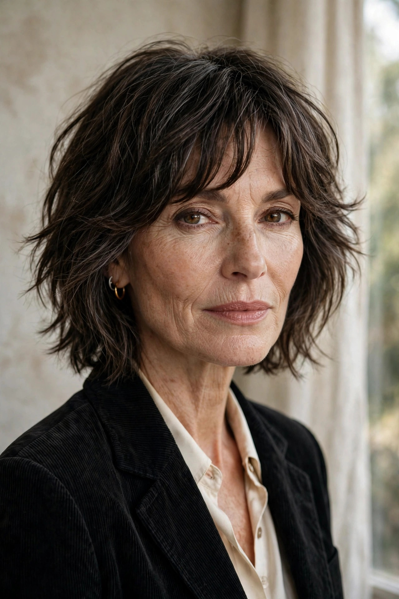 Woman in her 50s with a chin-Length Shag with Curved Bangs