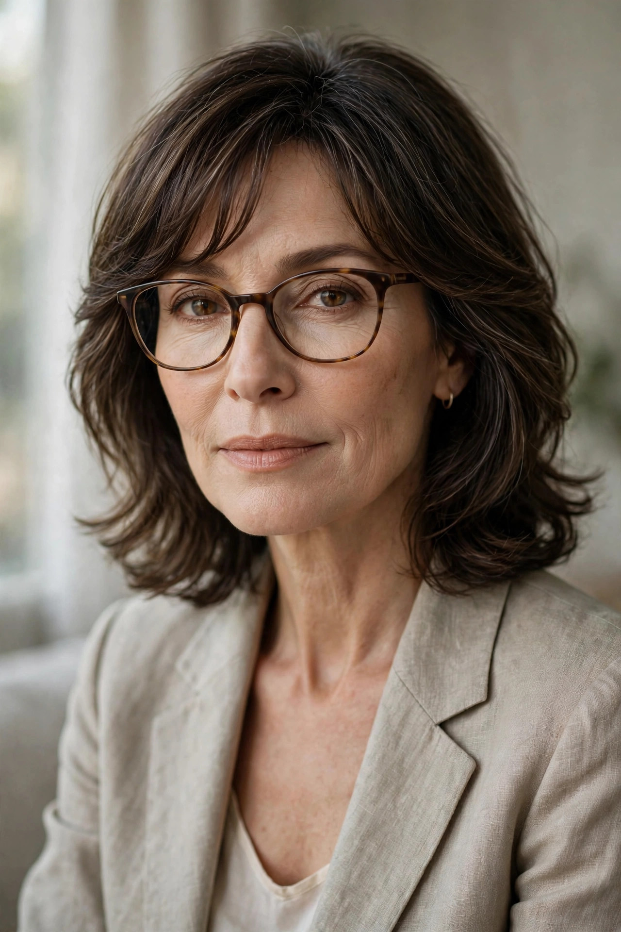 Woman in her 50s with a shoulder-Length Layers with Arched Bangs