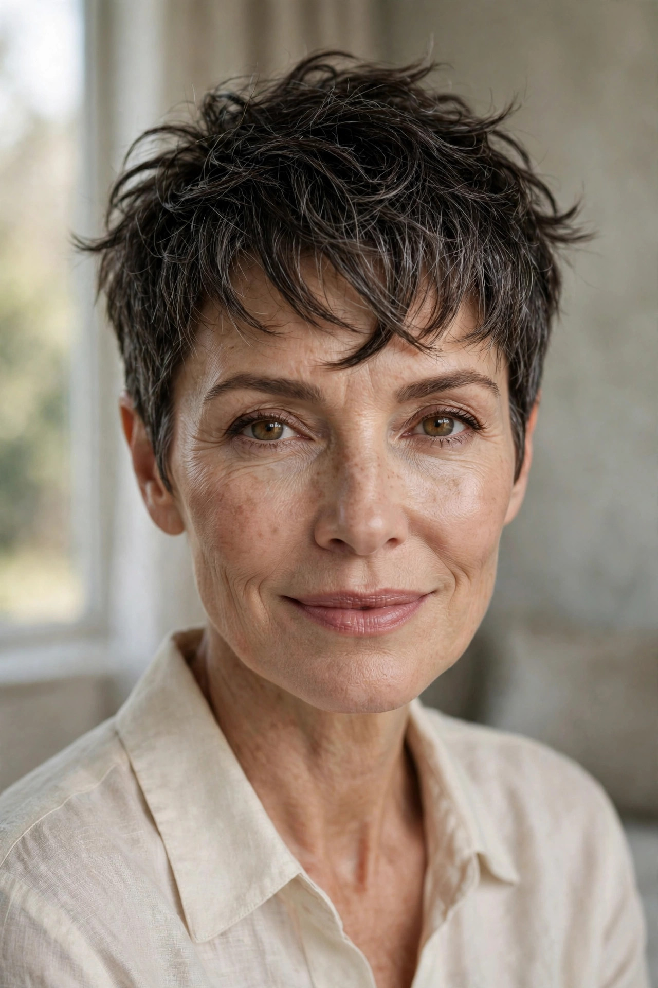 Woman in her 50s with a textured Crop with Forward Bangs
