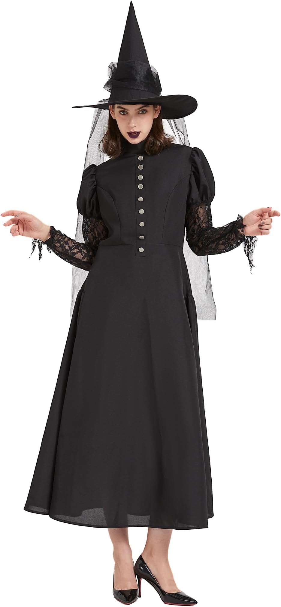 Elegant witch halloween costume with black midi dress and wide brim hat for women over 50