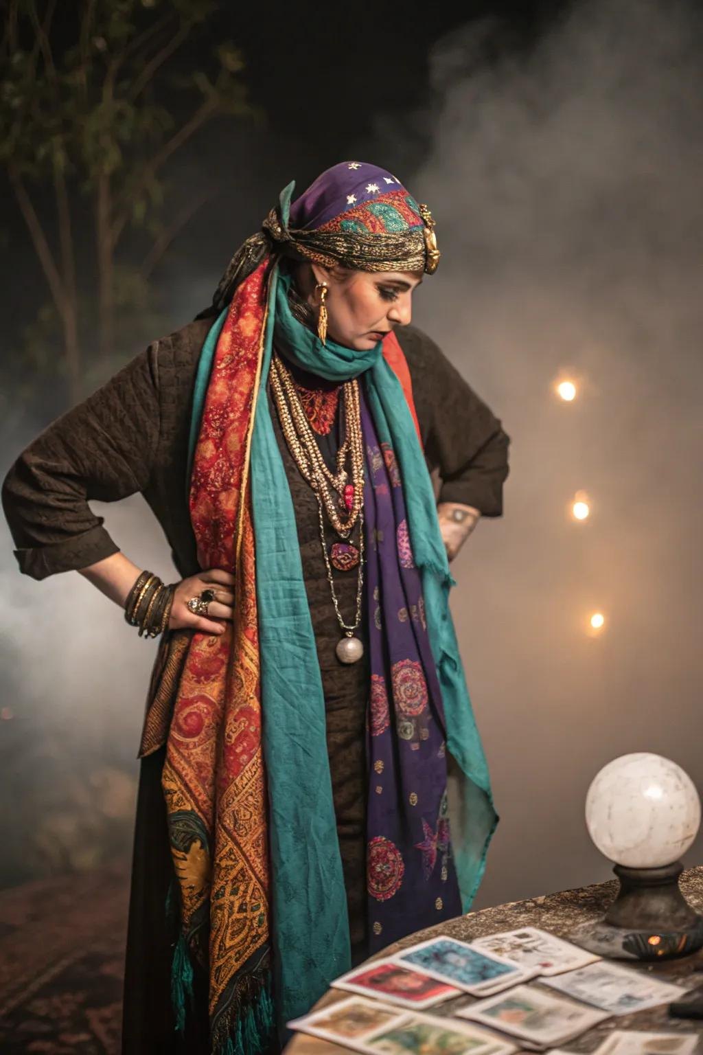 Fortune teller halloween costume with paisley scarves and layered gold jewelry
