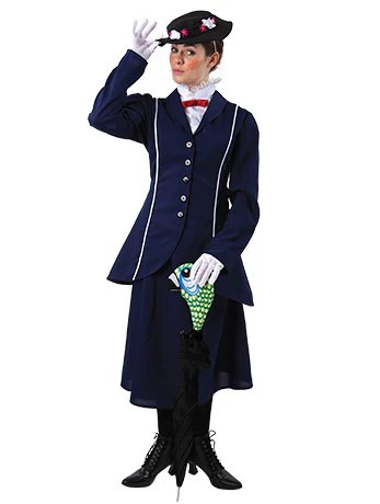 Mary Poppins halloween costume with navy coat and umbrella