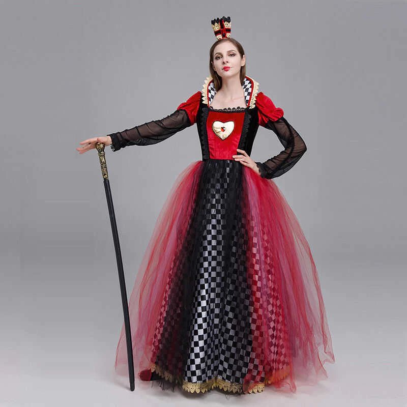 Queen of Hearts halloween costume with red dress and gold crown