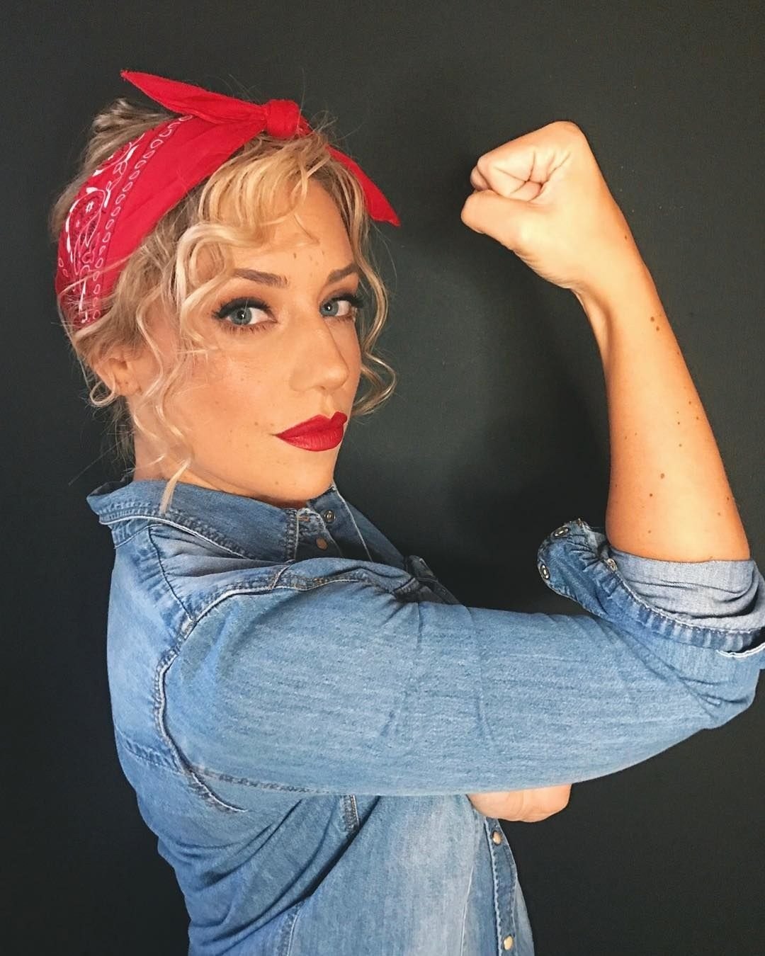 Rosie the Riveter halloween costume with denim shirt and red polka dot bandana