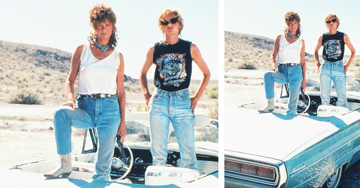 Thelma and Louise duo halloween costume with denim and headscarves