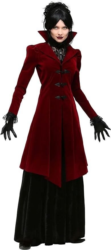 Velvet vampire halloween costume with burgundy velvet dress and black cape