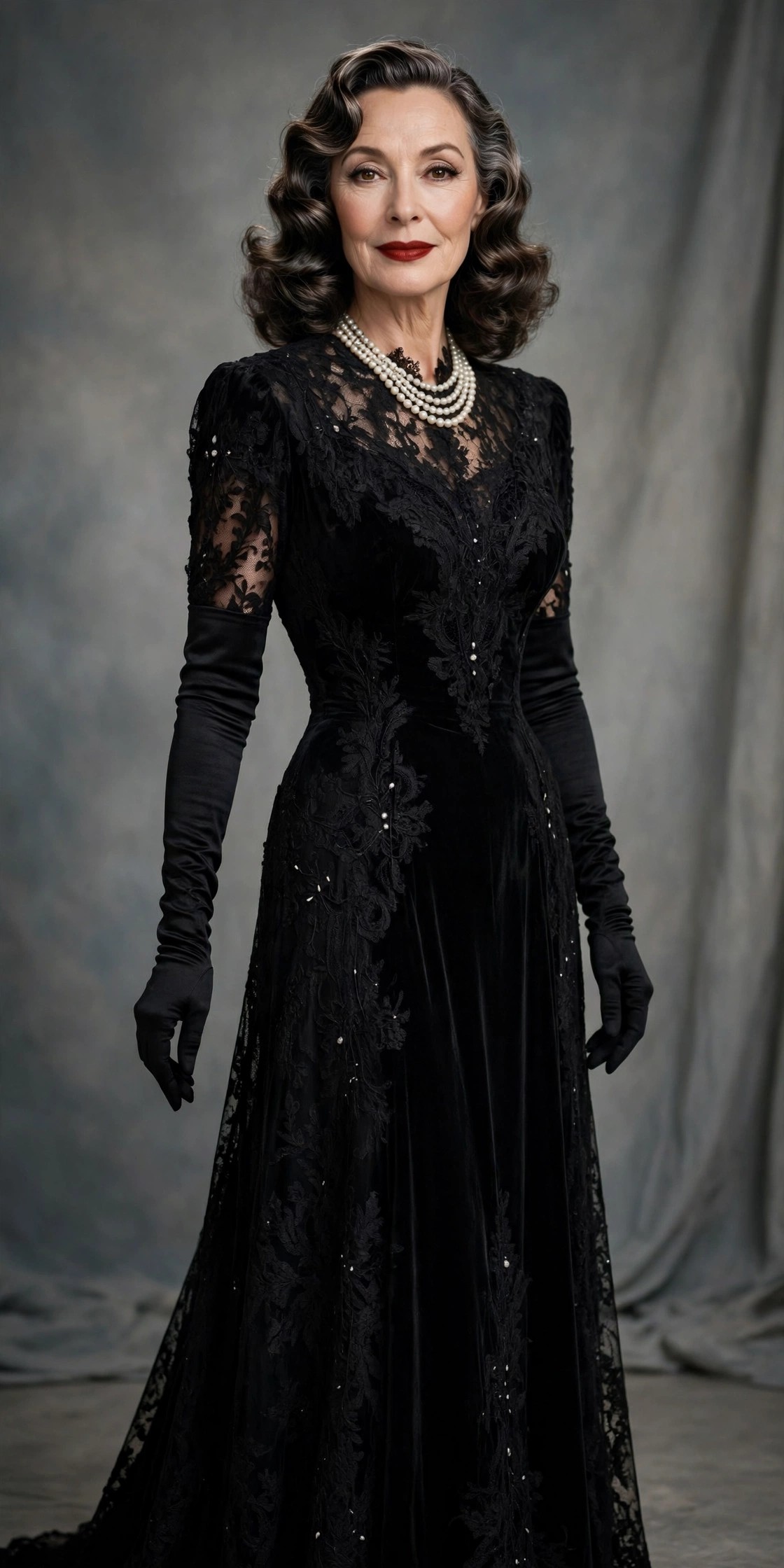 Elegant woman over 50 in a black vintage gown with pearls as an old Hollywood Halloween costume