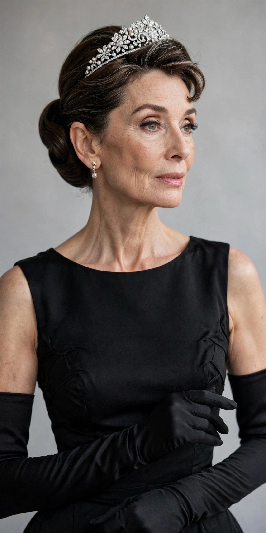 Woman over 50 in a little black dress with tiara and gloves as Audrey Hepburn Halloween costume