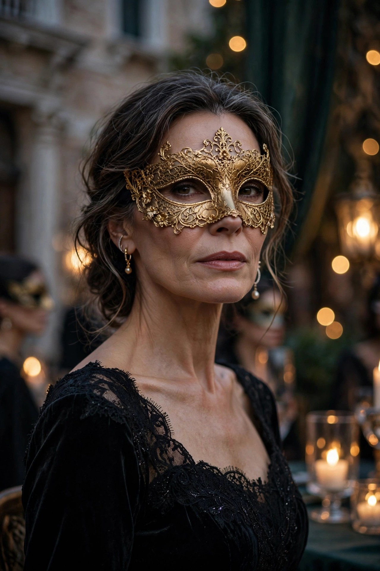 Elegant woman over 50 in a cocktail dress wearing an ornate gold masquerade mask