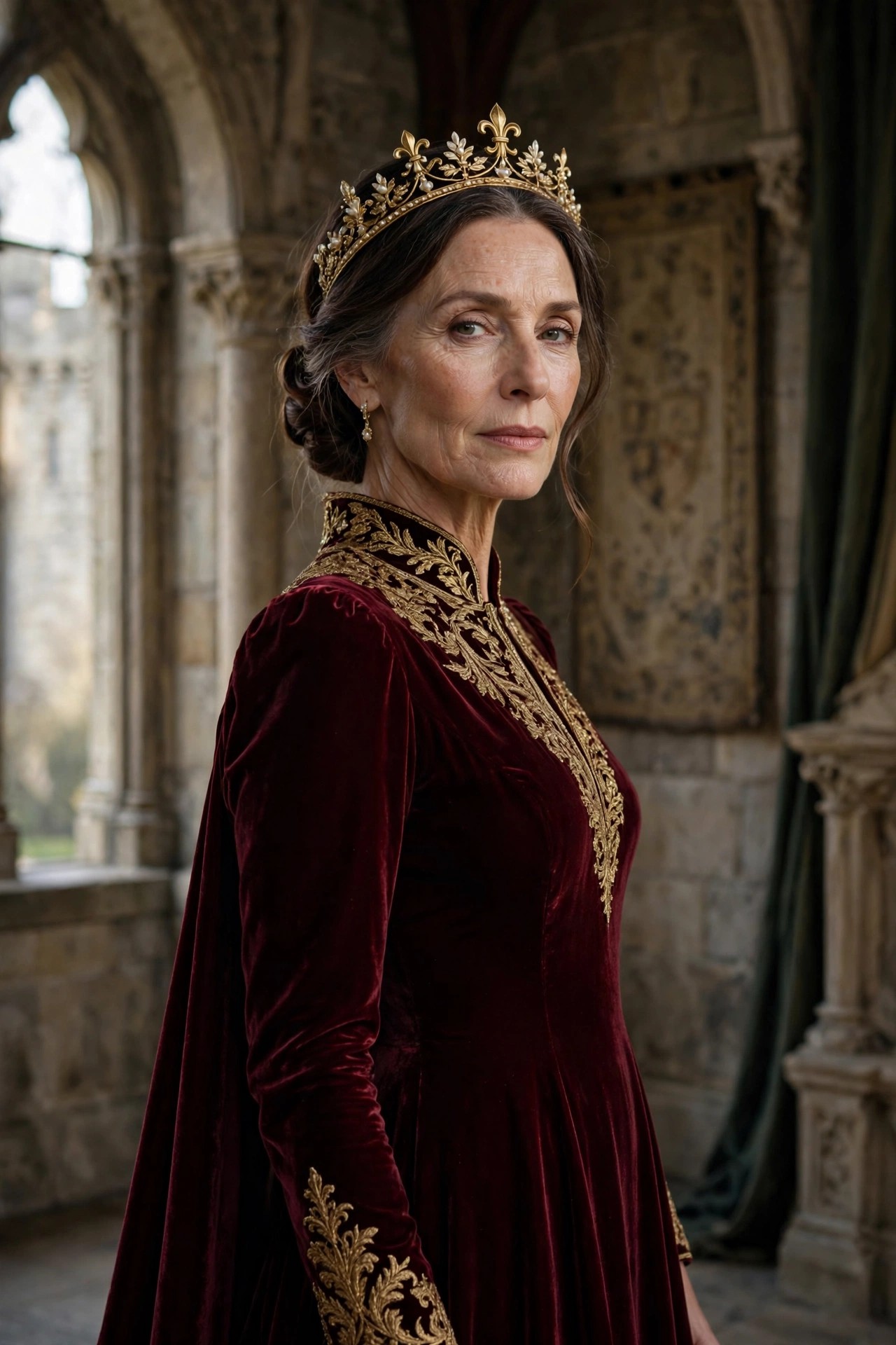 Woman over 50 in a burgundy velvet gown with gold crown as a regal queen Halloween costume