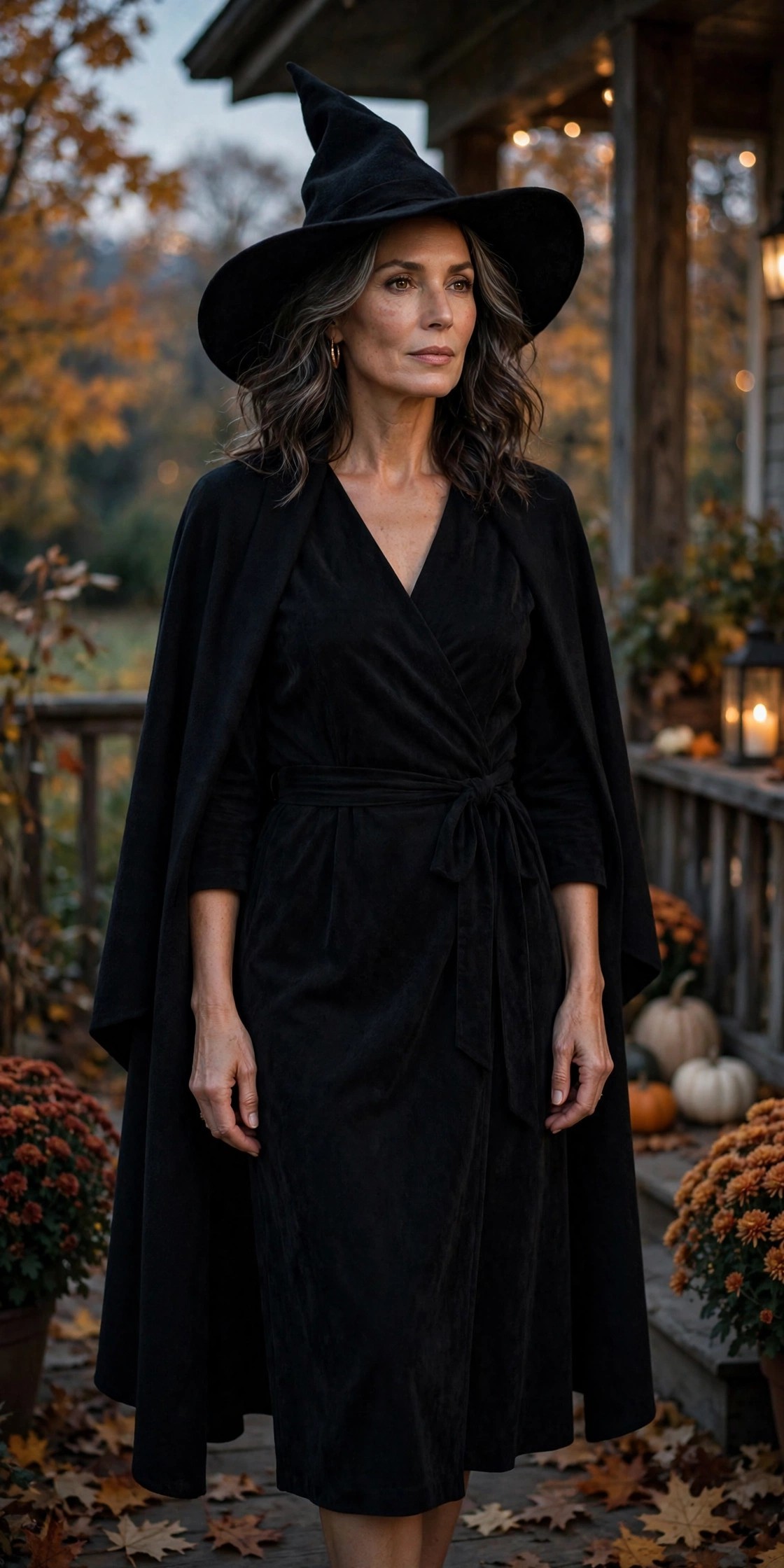 Stylish woman over 50 in black midi dress with wide-brim witch hat as elegant witch Halloween costume