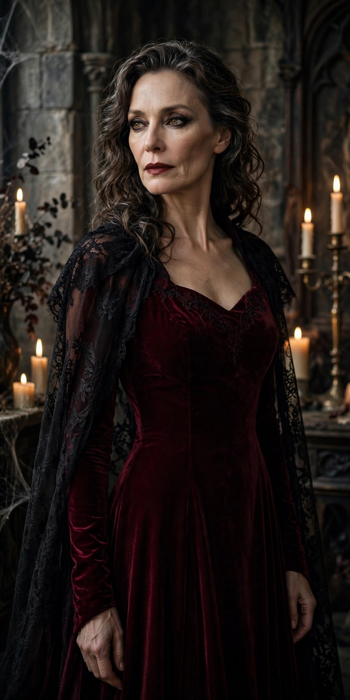 Woman over 50 in burgundy gown with black lace cape as elegant vampire Halloween costume