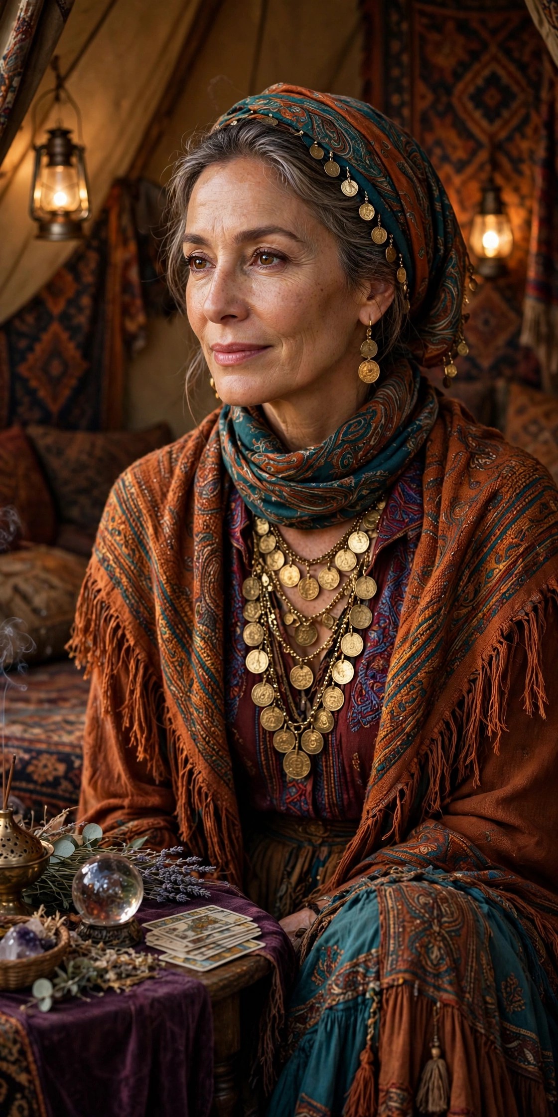 Woman over 50 in layered bohemian skirts with shawl and headscarf as fortuneteller Halloween costume
