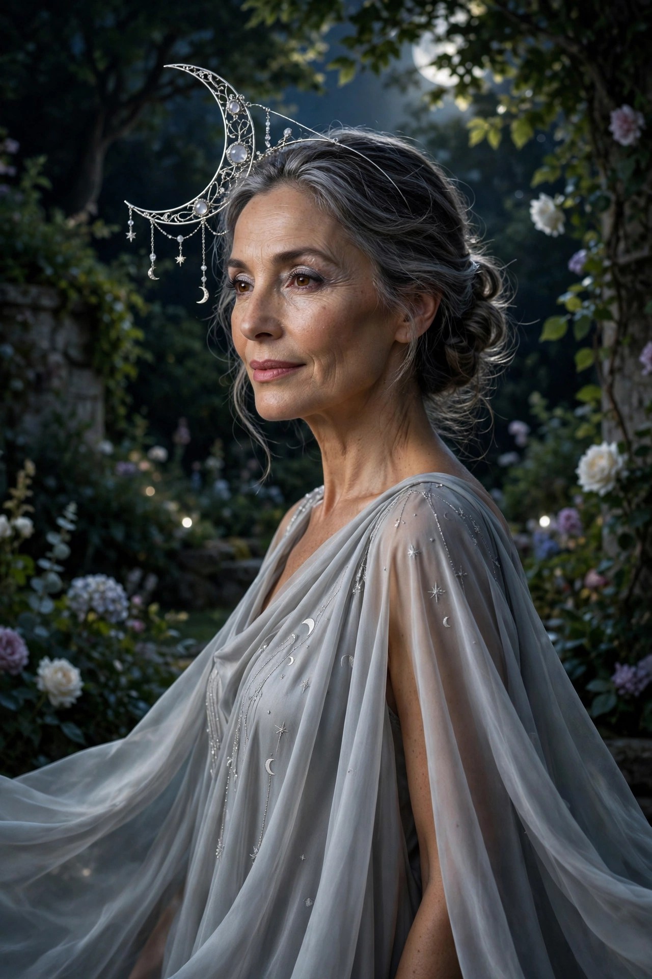 Woman over 50 in flowing silver-gray gown with crescent moon headpiece as moon goddess costume