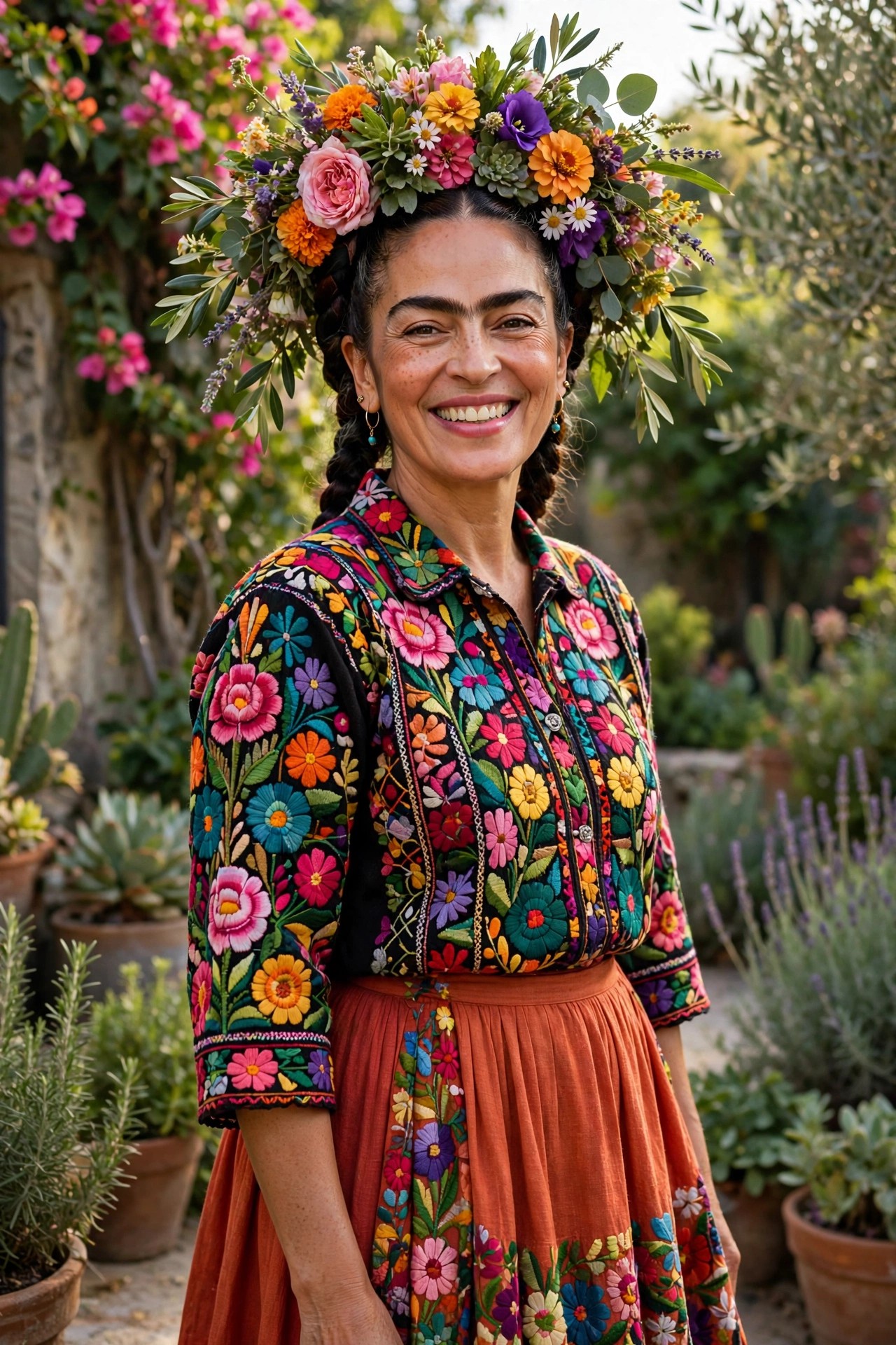 Woman over 50 with floral crown and embroidered blouse as Frida Kahlo Halloween costume