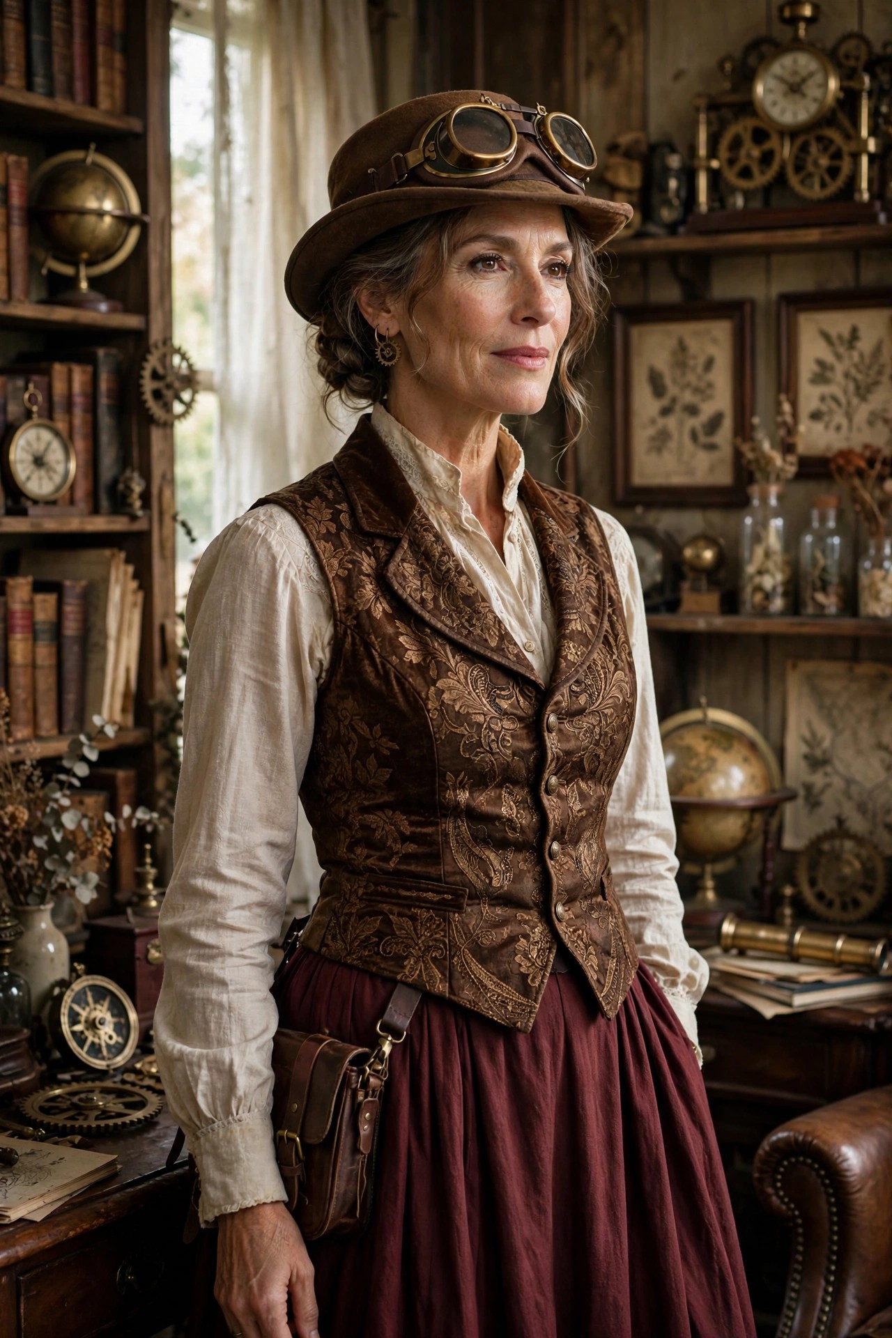 Woman over 50 in brown vest with goggles and long skirt as steampunk Halloween costume