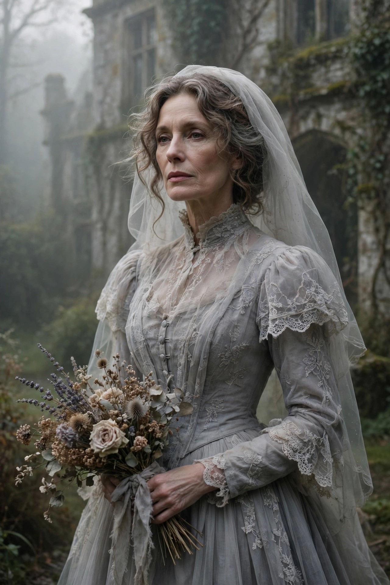 Woman over 50 in pale gray vintage dress with veil as Victorian ghost bride Halloween costume