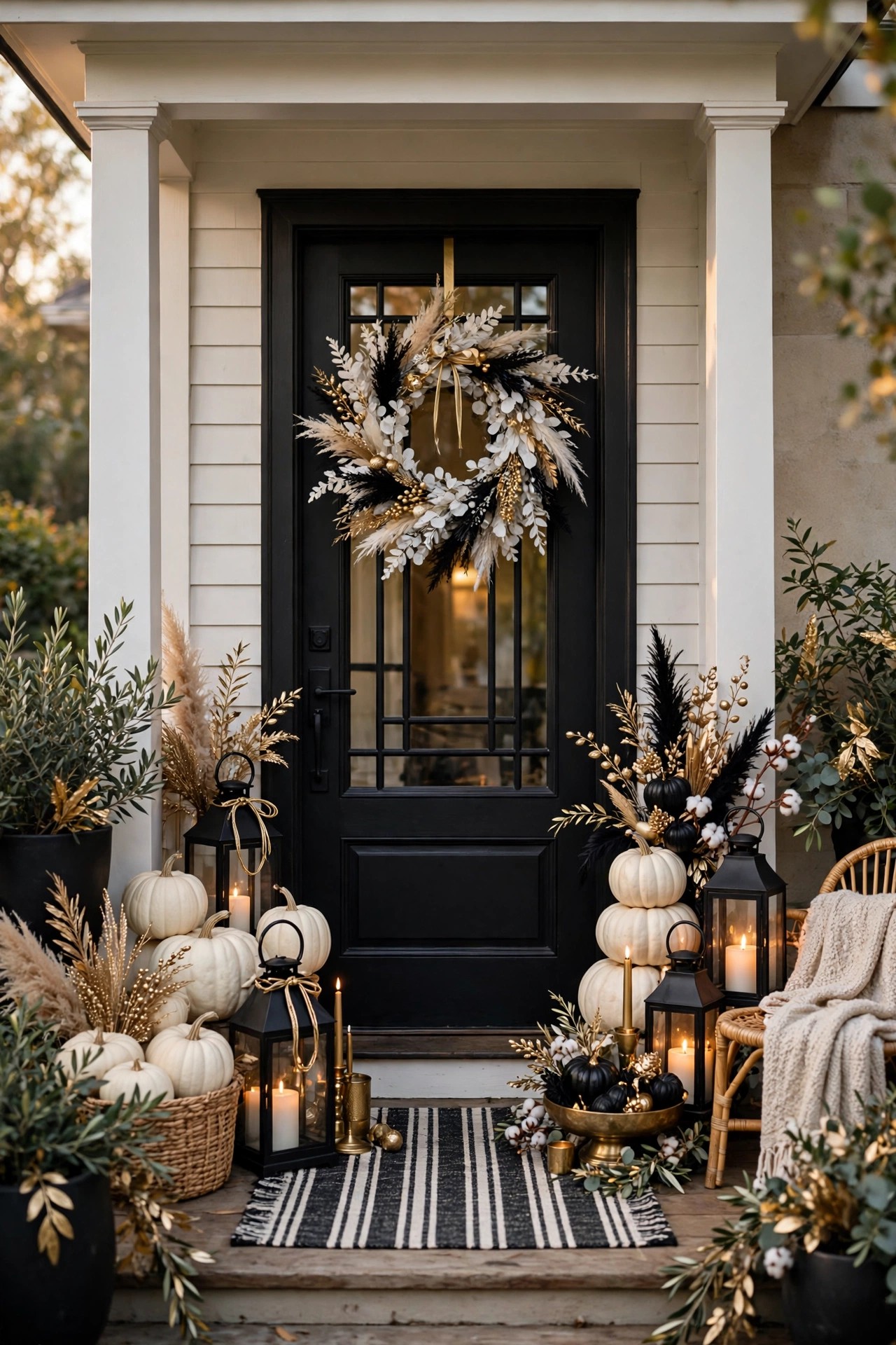 Elegant Halloween front porch decorated in black white and gold with pumpkins and lanterns