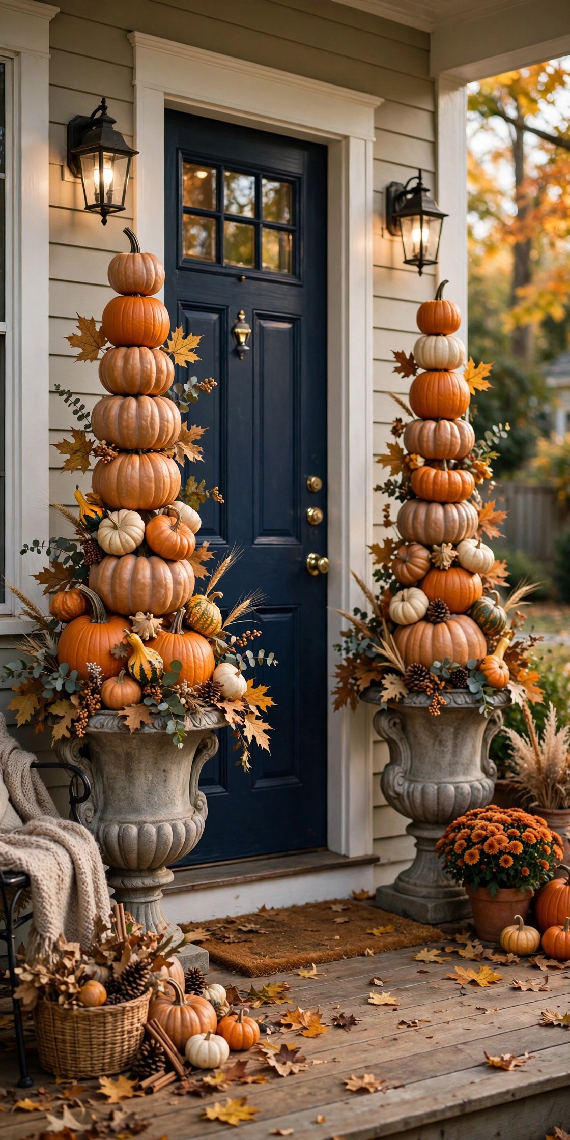 Front porch with stacked pumpkin tower topiary beside the front door for Halloween