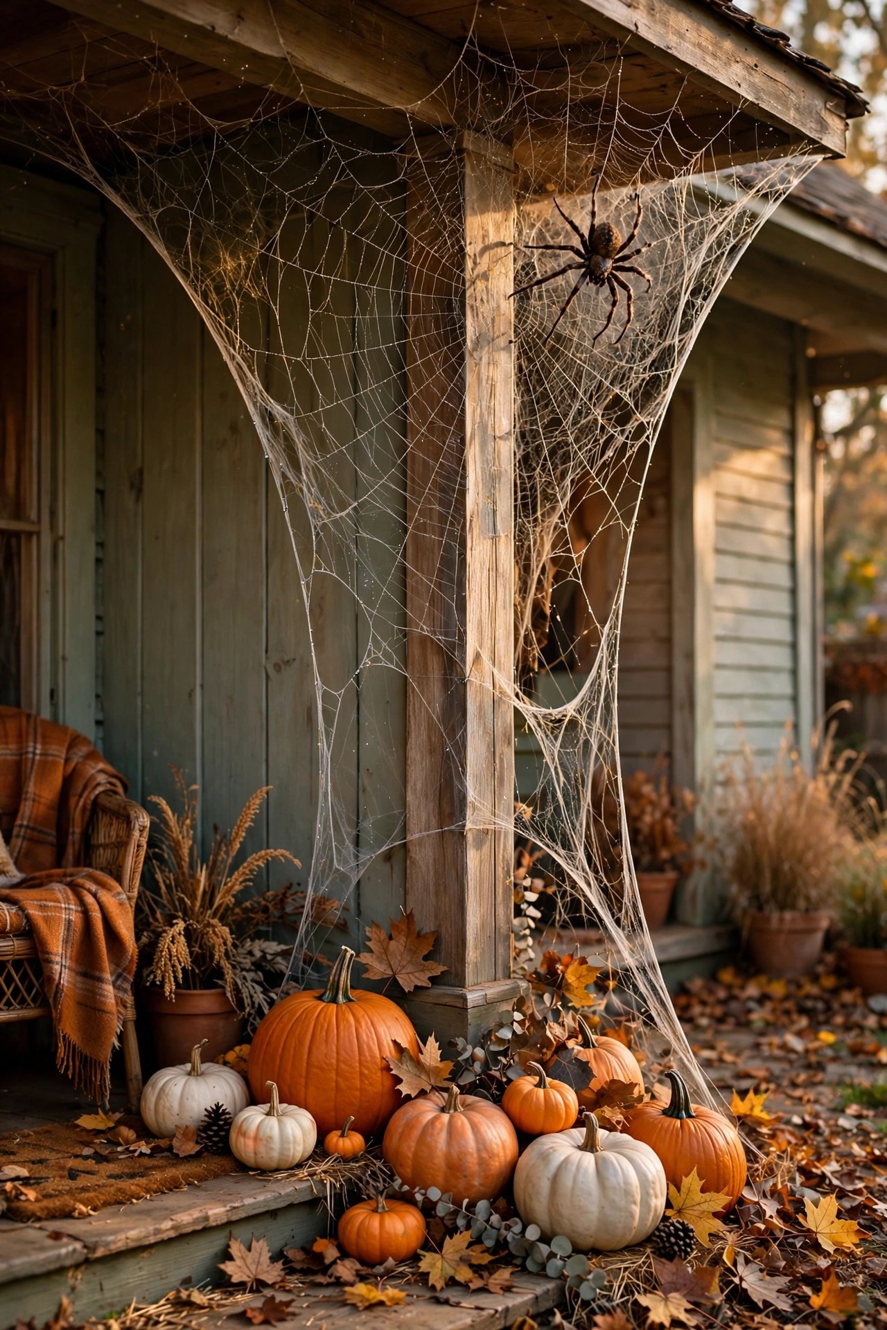 Front porch corner decorated with giant spider web and large spider for Halloween